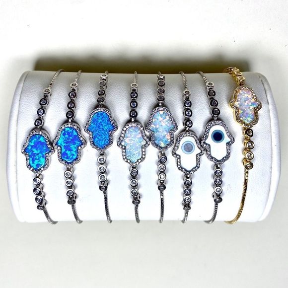 HAMSA 🪬 EVIL EYE 🧿 STERLING PLATED SLIDE CHAIN BRACELETS CZS FIRE OPAL CZS NWT
